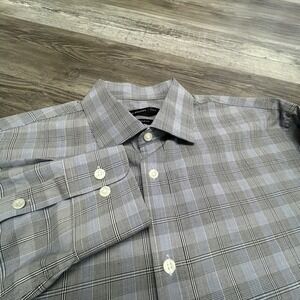 John Varvatos Purple Gray Plaid Dress‎ Shirt Size 16 32/33 Medium Check Preppy
